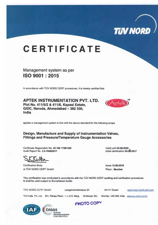 Certificate of Aptek Instrumentation